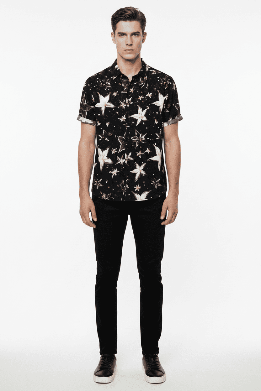 Midnight Star Floral Print Short Sleeve Button-Up Shirt