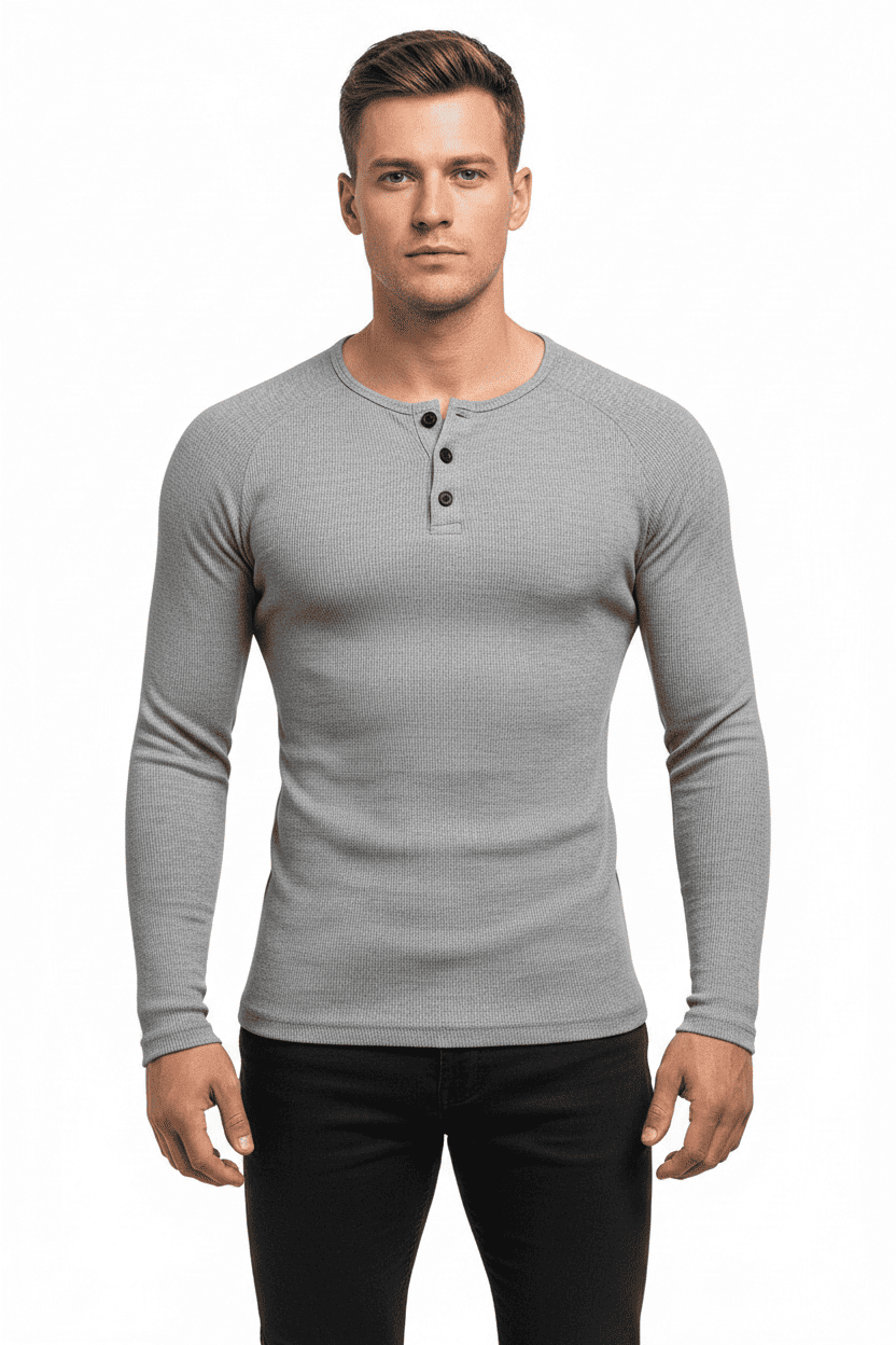 Ribbed Slim Fit Henley Long Sleeve T-shirt