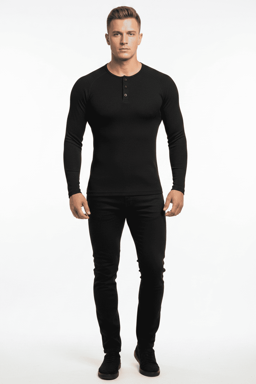 Ribbed Slim Fit Henley Long Sleeve T-shirt